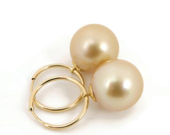 Aros de oro macizo de 18 quilates + perlas cultivadas de los mares del Sur de 13,7 mm (oro natural auténtico) #E2529
