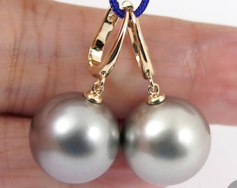 Huge 13.7mm Tahitian Pearl Lever-Back Earrings, 14K Solid Yellow Gold #E2378