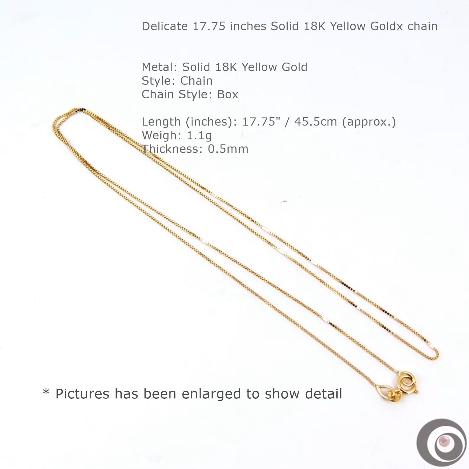 Solid 18K Yellow Gold Box Chain Necklace for Pendant 17.75