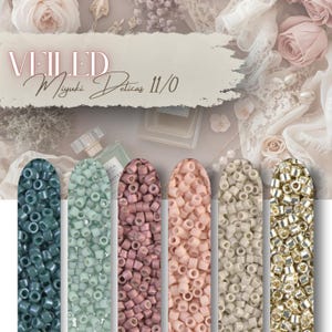 May include: A collection of six vertical columns of Miyuki Delica 11/0 beads in shades of dark teal, light mint, dusty rose, soft peach, cream, and metallic gold. The text VEILED Miyuki Delicas 11/0 is printed in the upper section of the image.
