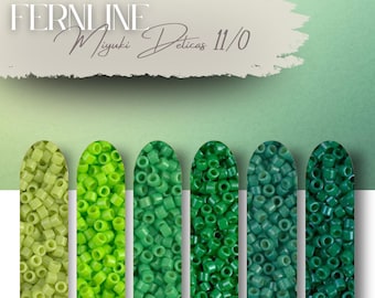 May include: Six vertical columns of Miyuki Delica 11/0 beads in a gradient of green shades, ranging from light lime to deep forest green. The text FERNLINE Miyuki Delicas 11/0 is displayed at the top against a textured off-white background.