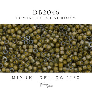 May include: Close-up of a pile of small, cylindrical beads in shades of olive green and yellow. The text "DB2046 Luminous Mushroom" is at the top, and "MIYUKI DELICA 11/0" is at the bottom. The beads are from the string beadery.
