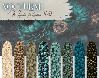 May include: An image showcases a variety of Miyuki Rocaille 11/0 beads in a range of colors, including cream, brown, and shades of green and blue. The word "NOCTURNE" is displayed above the beads, with floral elements in the background.