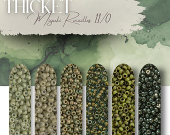 May include: Six vertical columns of Miyuki Rocaille 11/0 seed beads in various shades of green, ranging from pale sage to dark metallic forest green. The text THICKET and Miyuki Rocaille 11/0 is displayed at the top over a green watercolor wash.