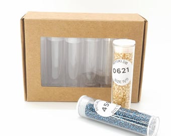 Bead Storage Container Tubes with Kraft Organizer – 10 Pack | Clear Plastic Seed Bead Containers with Lids & Labels | 8-9g Capacity