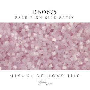 May include: Pale pink silk satin Miyuki Delica 11/0 beads. The image shows a close-up of numerous small, cylindrical beads in a soft, light pink hue. The text "DB0675" and "Pale Pink Silk Satin" is at the top. The text "Miyuki Delicas 11/0" is at the bottom.