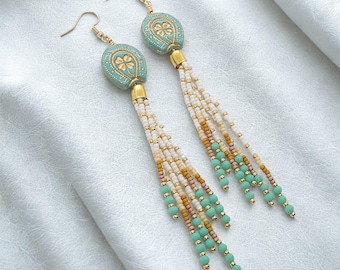 Turquoise Gold Southwestern Horseshoe Earrings with Tassels, Boho Statement Jewelry, Cowgirl Accessories