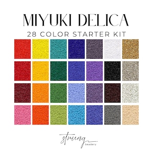 May include: A Miyuki Delica 28 color starter kit featuring a grid of twenty-eight square swatches of small, uniform beads in a wide variety of vibrant and neutral colors, including red, yellow, blue, green, purple, black, white, and metallic tones.