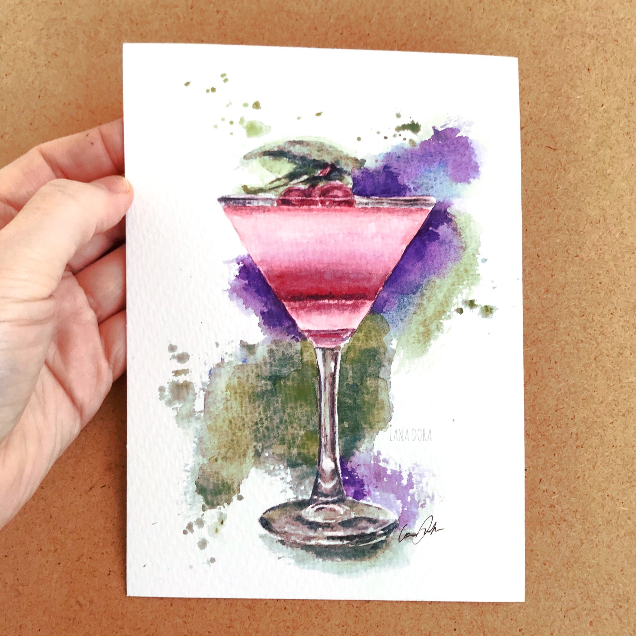 Original watercolor coloful painting with martini glass. Etsy