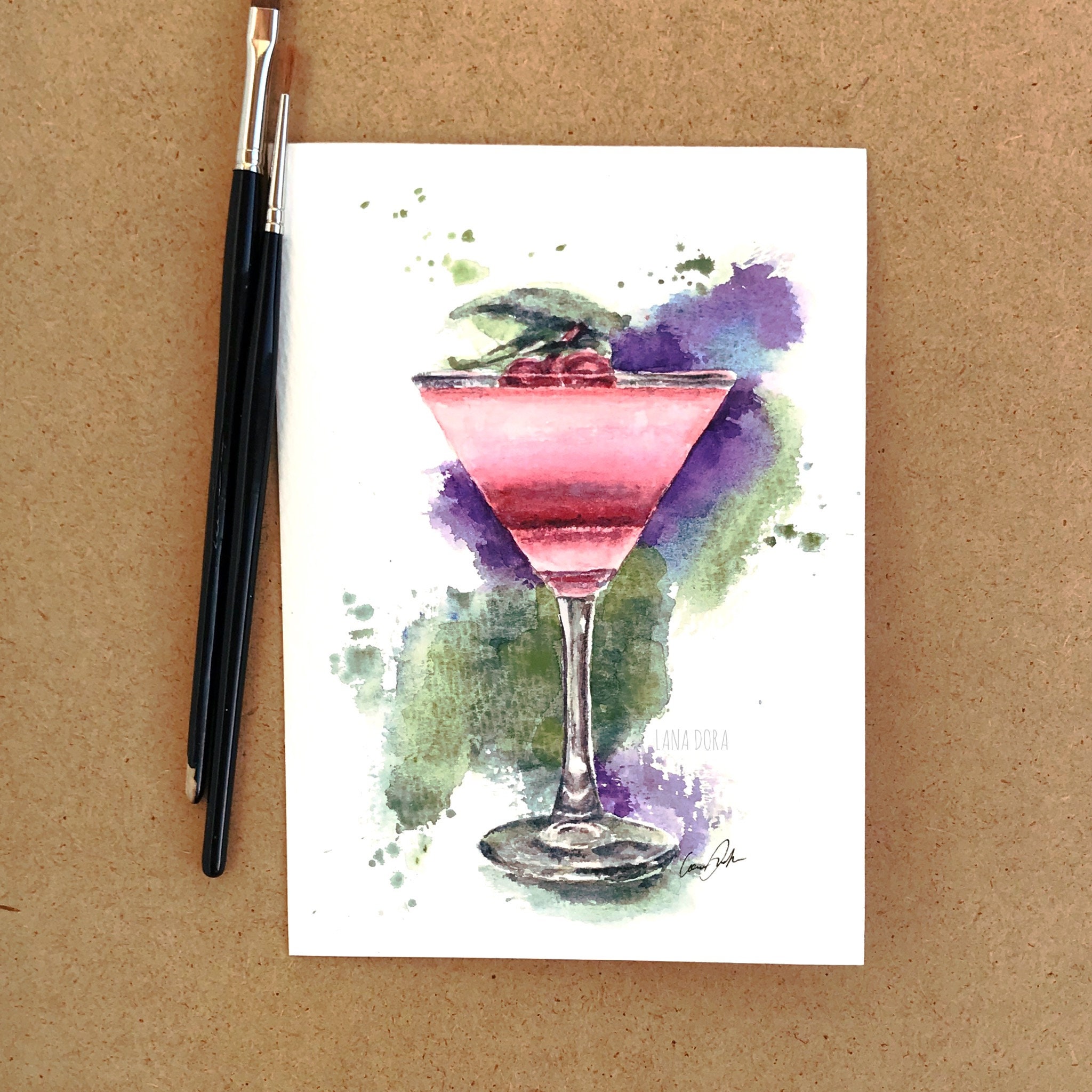 Original watercolor coloful painting with martini glass. Etsy