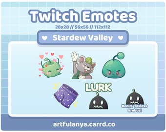 May include: A set of Twitch emotes featuring characters from the video game Stardew Valley. The emotes include a green creature with a heart, a gray mouse-like creature, a green blob with a grumpy face, a pair of purple shorts with white stars, a black creature with a grumpy face, and a black creature with a scared face. The text "LURK" is written in green letters above the black creatures. The text "Bonus Texless Krobus!" is written below the scared black creature.