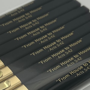 9 Pack Square Black Ballpoint Pen Set: "From House to House" Gold Detail