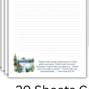 May include: A stack of college-ruled paper sheets with the text "We Warmly Invite You to Attend the 2026 Eternal Happiness Convention of Jehovah's Witnesses." The bottom of the page has a watercolor landscape and scripture. The text "20 Sheets College Ruled with Scripture" is at the bottom.