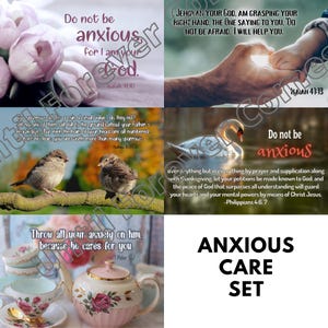 May include: Anxious Care Set featuring images with inspirational quotes and a floral teapot. The set includes a swan, sparrows, and hands, with text like "Do not be anxious" and Bible verses. The overall theme is one of comfort and faith.