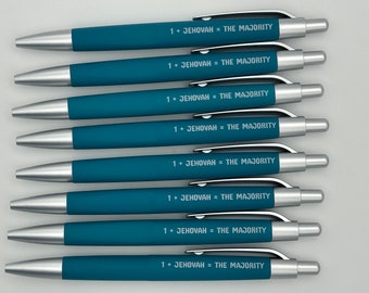 8 Pack Value Novelty Gift Pen Set with Teal Comfort Barrel, Black Ink  1 + Jehovah = The Majority