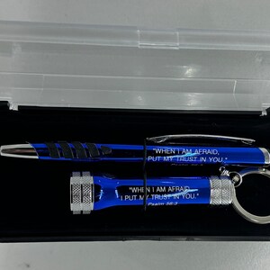 High Shine 2024 JW Year Text Metal Stylus Pen & Matching Litewell Flashlight Keychain Gift Set - Sapphire Blue/Blue Ink