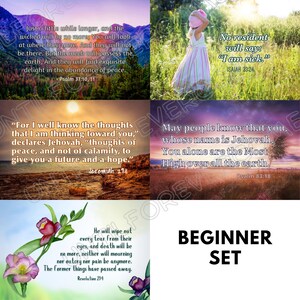 May include: A collection of six images with inspirational quotes from the Bible. The images feature landscapes, a child in a field, and floral arrangements. The text "BEGINNER SET" is displayed in bold letters.