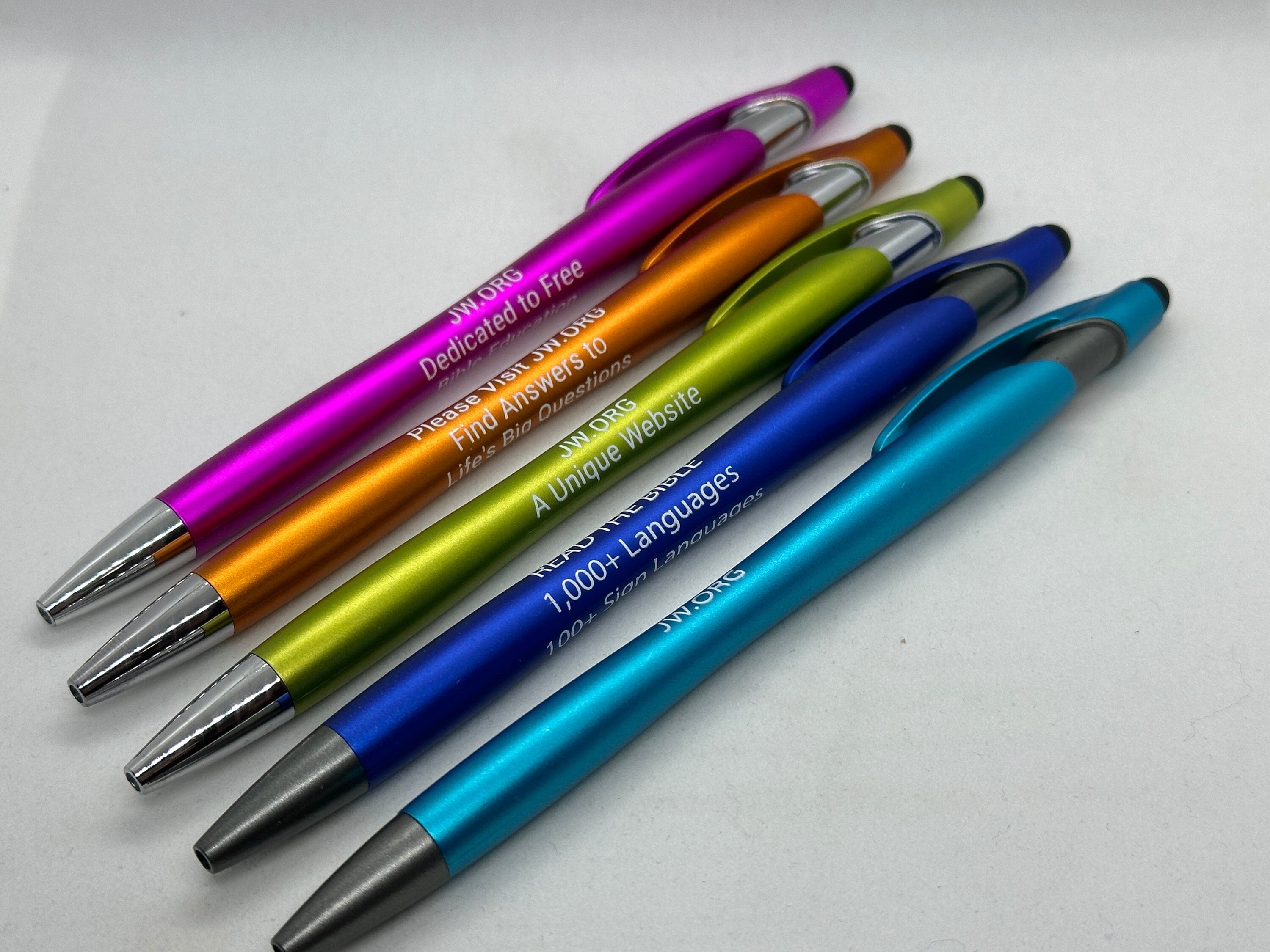 Bright and Cheerful Stylus Pen Singles (ONE PEN) with JW Message -->  Metallic Vortex Black Ink Ballpoint Pen with Stylus Assorted Colors