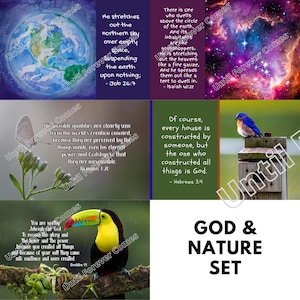 May include: A collage featuring images of Earth, a nebula, a butterfly, a bluebird, and a toucan. The images are accompanied by Bible verses and the text "GOD & NATURE SET". The collage has a watercolor aesthetic.