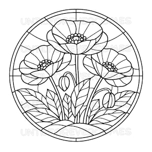 Könnte beinhalten: Schwarz-weiße florale Darstellung mit drei Mohnblumen in einem kreisförmigen Buntglasstil. Das Bild enthält Blätter, Knospen und den Text "UNTIL FOREVER COMES" am Rand. Eine detaillierte Strichzeichnung zum Ausmalen oder Basteln.