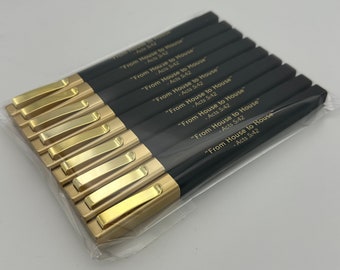 9 Pack Square, Comfort Soft Black Barrel Ballpoint Pen with Gold Pen Clip Cap "From House to House" Written in Gold