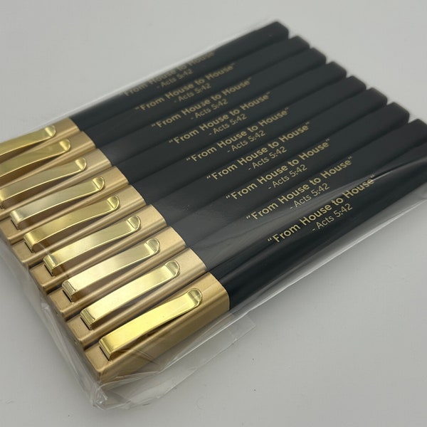 9 Pack Square, Comfort Soft Black Barrel Ballpoint Pen with Gold Pen Clip Cap "From House to House" Written in Gold