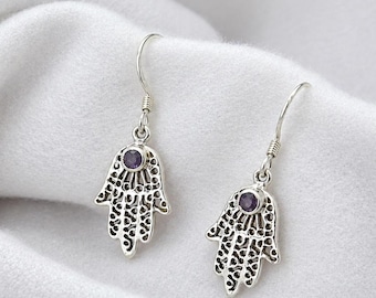 Natural Amethyst Hamsa Earrings, 925 Sterling Silver Dangle, Boho Protection Jewelry