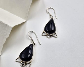Boucles d'oreilles pendantes en onyx noir naturel, argent sterling 925, bijoux minimalistes en pierre précieuse