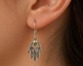 Natural Citrine Hamsa Earrings, 925 Sterling Silver Dangle Earrings, Boho Protection Jewelry, Gift for Her