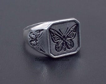 Butterfly Signet Ring: Engraved 925 Sterling Silver, Lover Gift