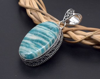 Green Amazonite 925 Silver Pendant: Vintage Gemstone Necklace