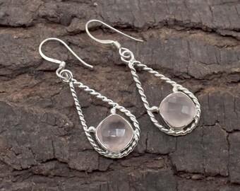 Natural Rose Quartz Cushion Cut Sterling Silver Earrings – Twisted Design