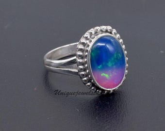 Aurora Opal Sterling Silver Ring: Oval Gemstone Statement Ring