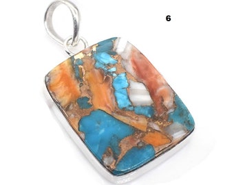 Spiny Oyster Turquoise Sterling Silver Pendant: Rectangle Gemstone Necklace