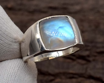 Rainbow Moonstone Cushion Ring: 925 Sterling Silver Tapered Band