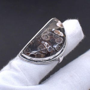 Turritella Agate Silver Ring, Solid 925 Sterling Silver Ring, Turritella Fossil Agate Ring, Brown Silver Ring Valentine&#39;s Gift for Her