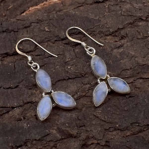 925 Sterling Silver Sparkling BLUE FIRE RAINBOW MOONSTONE LOVELY Earrings 1.2"