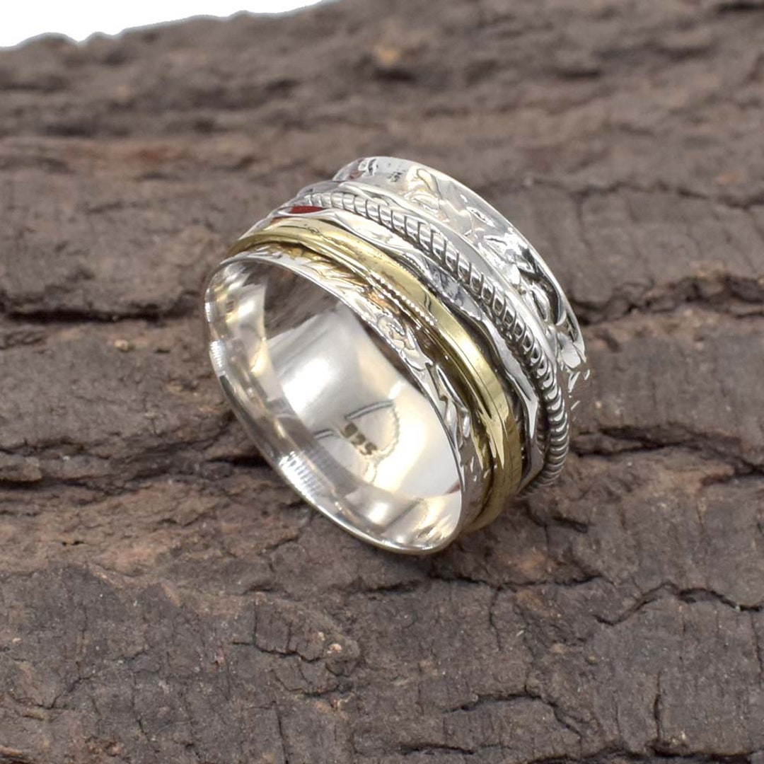 Hammered Sterling Silver Spinner Ring: Four Tone Meditation Band - Etsy