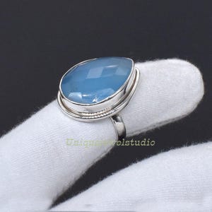 Aqua Chalcedony Pear Ring: Handmade 925 Sterling Silver