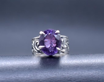 Embossed Band Natural Amethyst Sterling Silver Ring Stackable Band