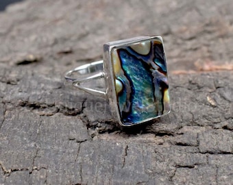 Handmade Abalone Shell 925 Sterling Silver Ring: Rectangle Gemstone