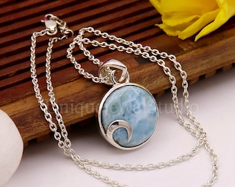 Larimar Pendant Necklace: Round Sterling Silver Cabochon, 18 inch Chain