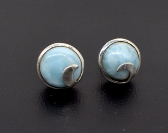 Natural Larimar Stud Earrings / Solid 925 Sterling Silver Stud Earrings / Round Cabochon Stud Earrings / Larimar Stud Earrings Gift For Her