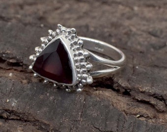 Genuine Solid 925 Sterling Silver Red Garnet Ring, Natural Deep Garnet Gemstone Sterling Silver Ring, Trillion Cut Garnet Engagement Ring