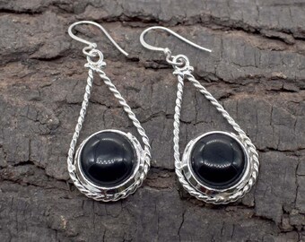 Twisted Band Sterling Silver Earrings, Black Onyx Gemstone Drop Dangle