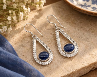 Kyanite Sterling Silver Hook Earrings, Gemstone Jewelry