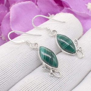 Malachite Sterling Silver Earrings: Marquise Dangle, 925 Silver Hook