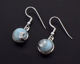 Blue Larimar Gemstone Earrings, Solid 925 Sterling Silver Earrings, Dangle & Drop Silver Earrings, Larimar Hook Earrings Gift For Her