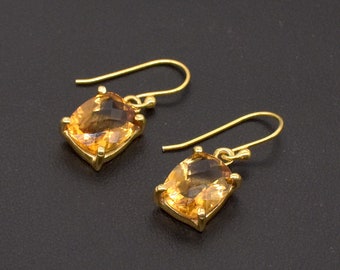 Rectangle Citrine Quartz Gemstone Earrings, Sterling Silver Gold Plated Dangle For Women