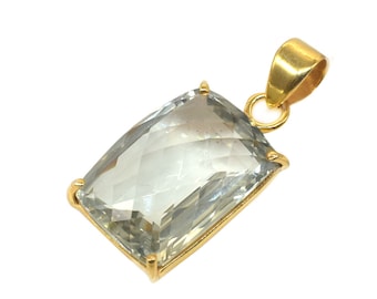 Green Amethyst Gold Pendant: Rectangle Sterling Silver Prong Setting